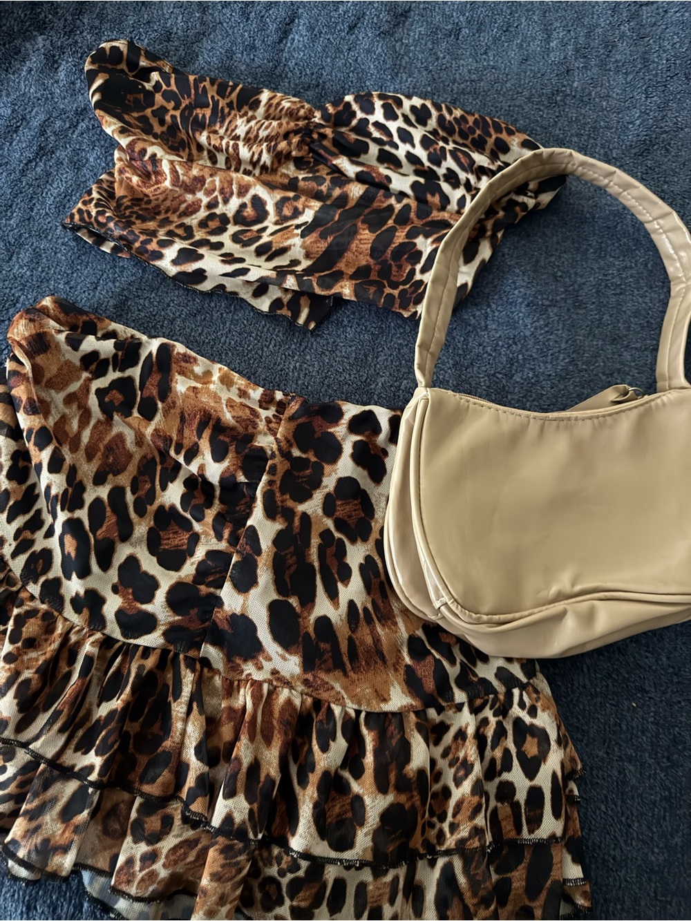 Leopard Print Ruffled Mini Skirt and Top Set - Brown Leopard with FREE BAG